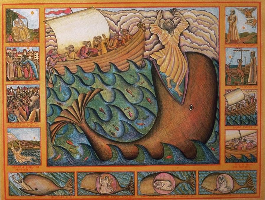 Lithograph print of Jonah being tossed into the mouth of the whale
